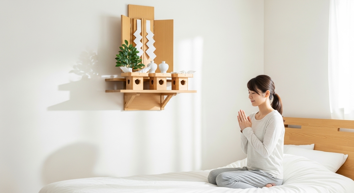 30代の日本人女性が、朝の柔らかい光が差し込む清潔でモダンな寝室で、壁の高い位置に設置された小さくてシンプルな神棚に静かに手を合わせている。女性は落ち着いた部屋着姿で、表情は穏やかで感謝に満ちている。部屋全体はナチュラルな木目と白を基調としており、神聖でありながらも現代のライフスタイルに溶け込んだ、穏やかで心地よい雰囲気が感じられる