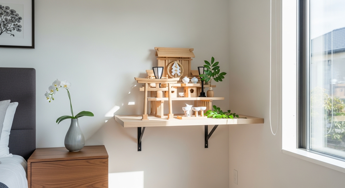 モダンな寝室の壁に取り付けられた清潔な棚板の上に、小さな神棚が祀られている様子。見上げるくらいの高さであることが分かるアングル