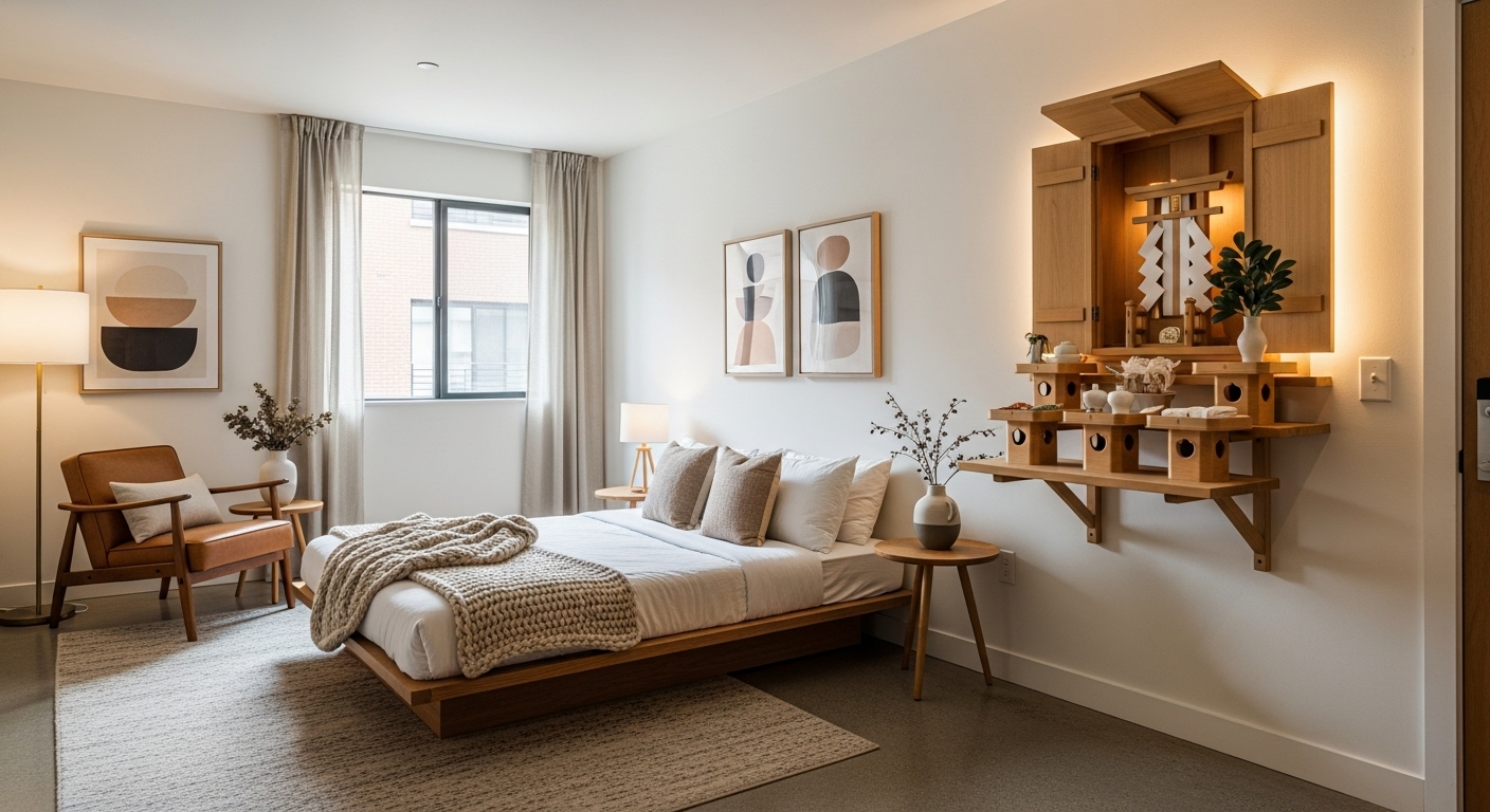 おしゃれなワンルームの部屋。入り口から一番遠い壁に小さな神棚が設置されている。ベッドのレイアウトは神棚に足を向けないように工夫されているのが分かる全体図