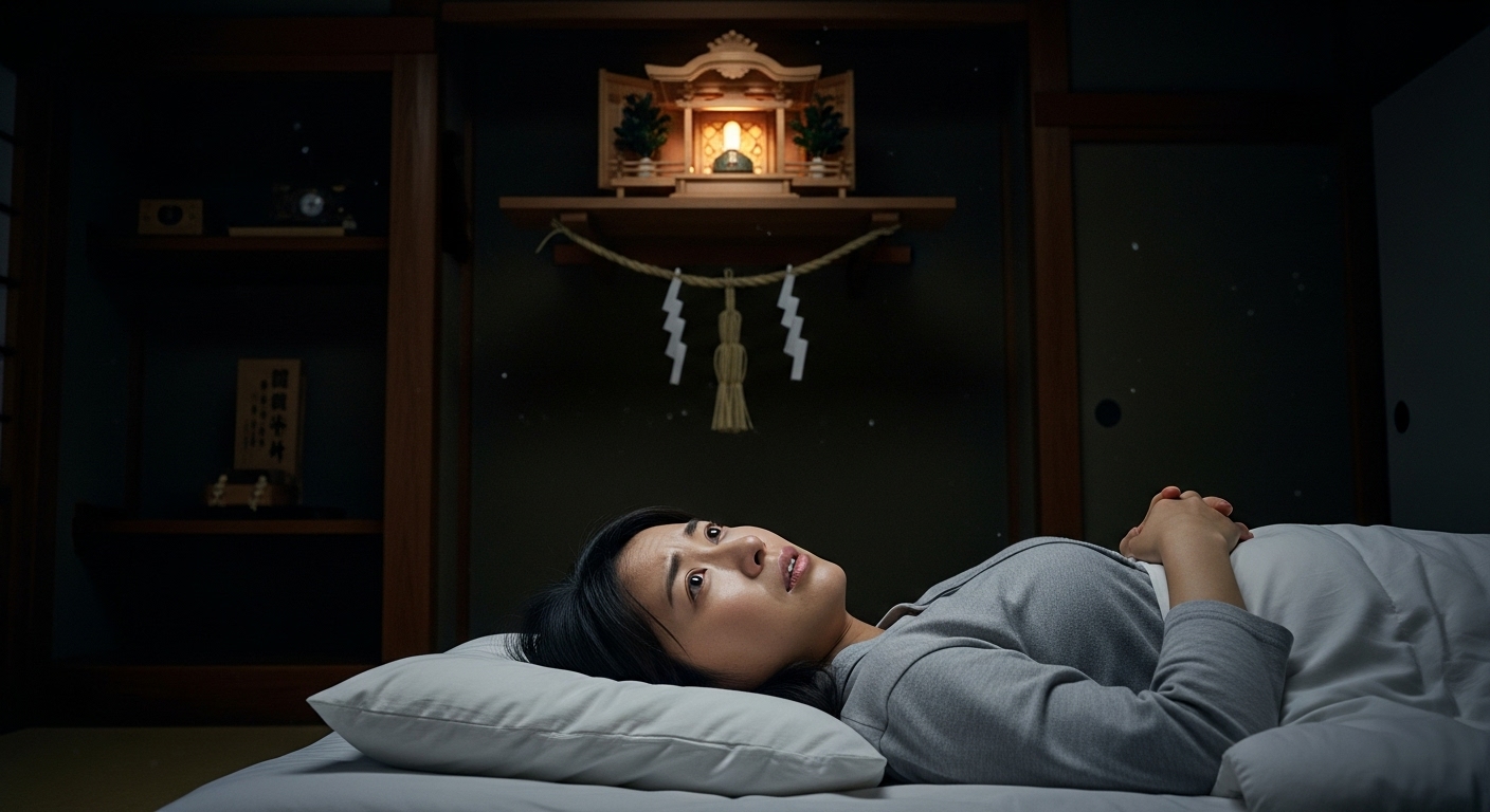 ベッドに横になる日本人女性が、天井の神棚を不安そうな表情で見上げている。部屋は少し暗く、悩んでいる様子が伝わる。