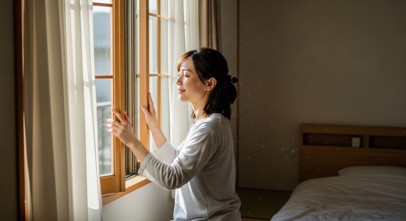 日本人の女性が、柔らかな日差しの入る寝室で、気持ちよさそうに窓を開けている。新鮮な空気が流れ込んでくるイメージ。