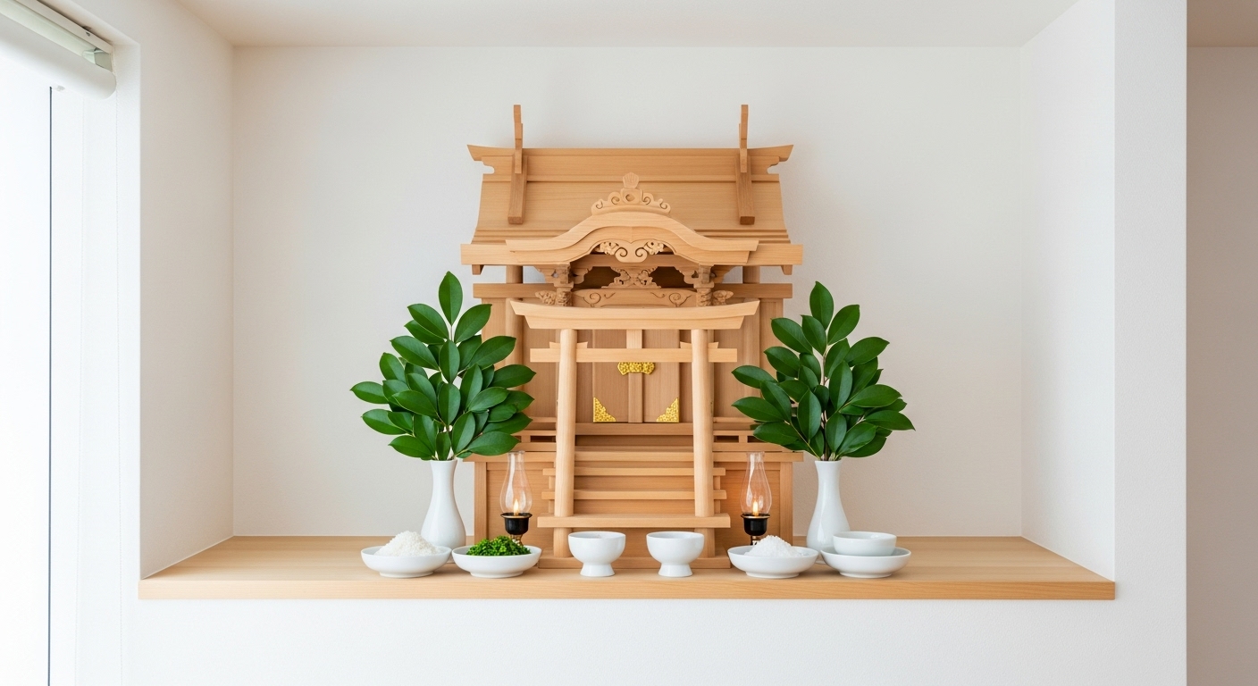 明るいリビングの高い位置に清々しく祀られた神棚と、瑞々しい榊の画像