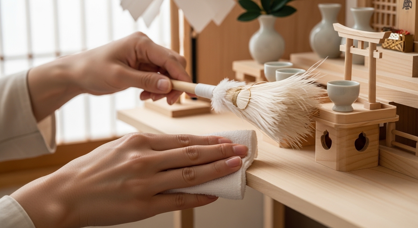 丁寧に神棚のお手入れをしている日本人の手元の画像