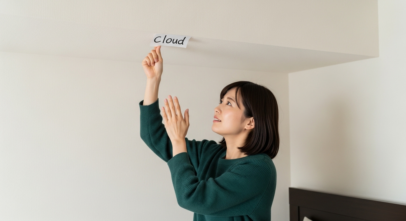 日本のマンションの一室。20代の日本人女性が、少しホッとしたような、丁寧な手つきで、部屋の天井に「雲」と書かれた半紙を貼っている。部屋は清潔で、ベッドのヘッドボードの端が少し見えている。暮らしの知恵を実践している、穏やかで前向きな雰囲気