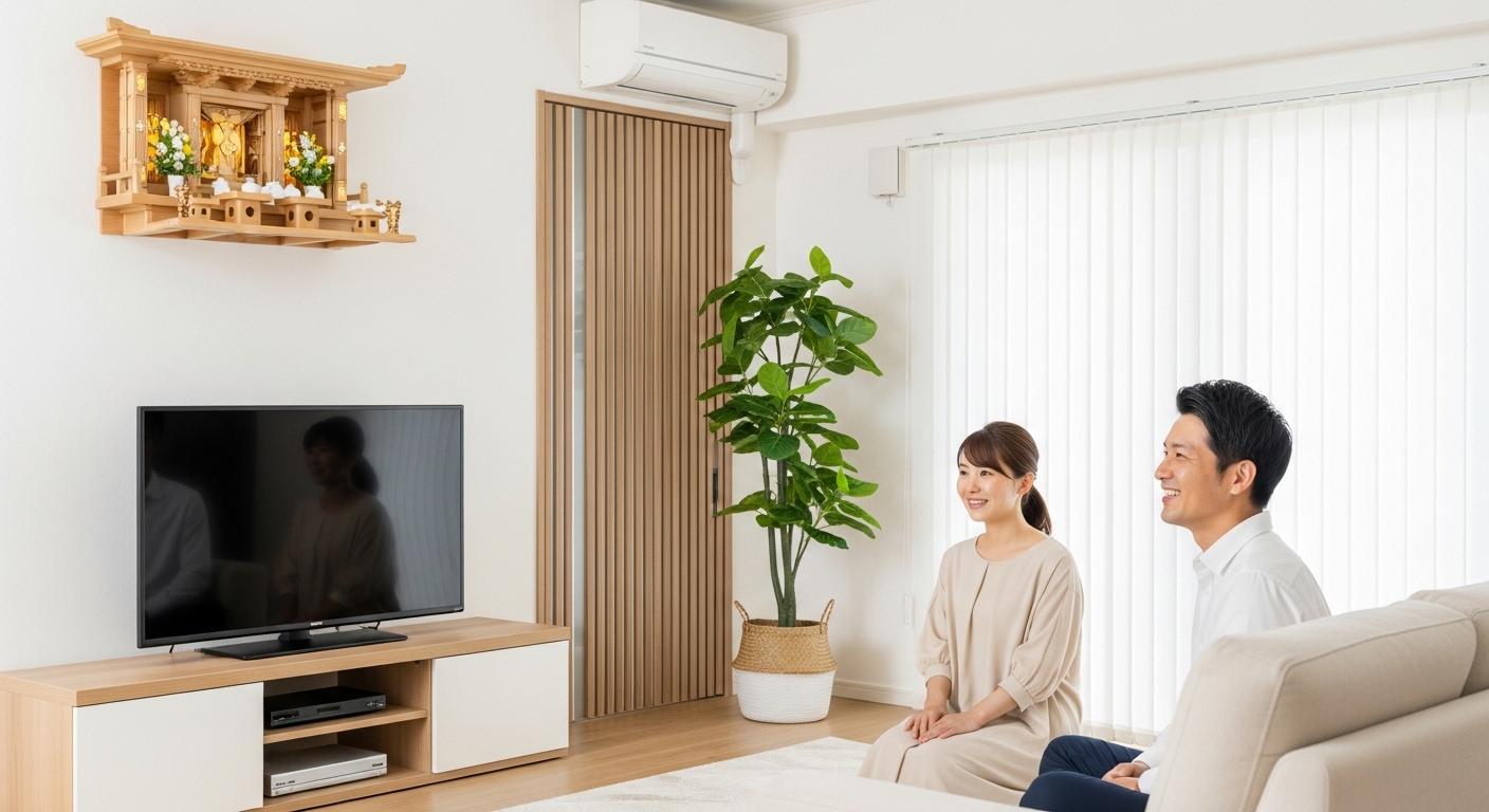 明るくモダンな日本のリビング。30代の日本人夫婦が、少し離れた場所に置かれたテレビと、壁の高い位置に設置された神棚を見て、安心したように微笑んでいる。二人の間には仕切りとしておしゃれな観葉植物が置かれている。工夫によって問題を解決できた、清々しくポジティブな雰囲気。