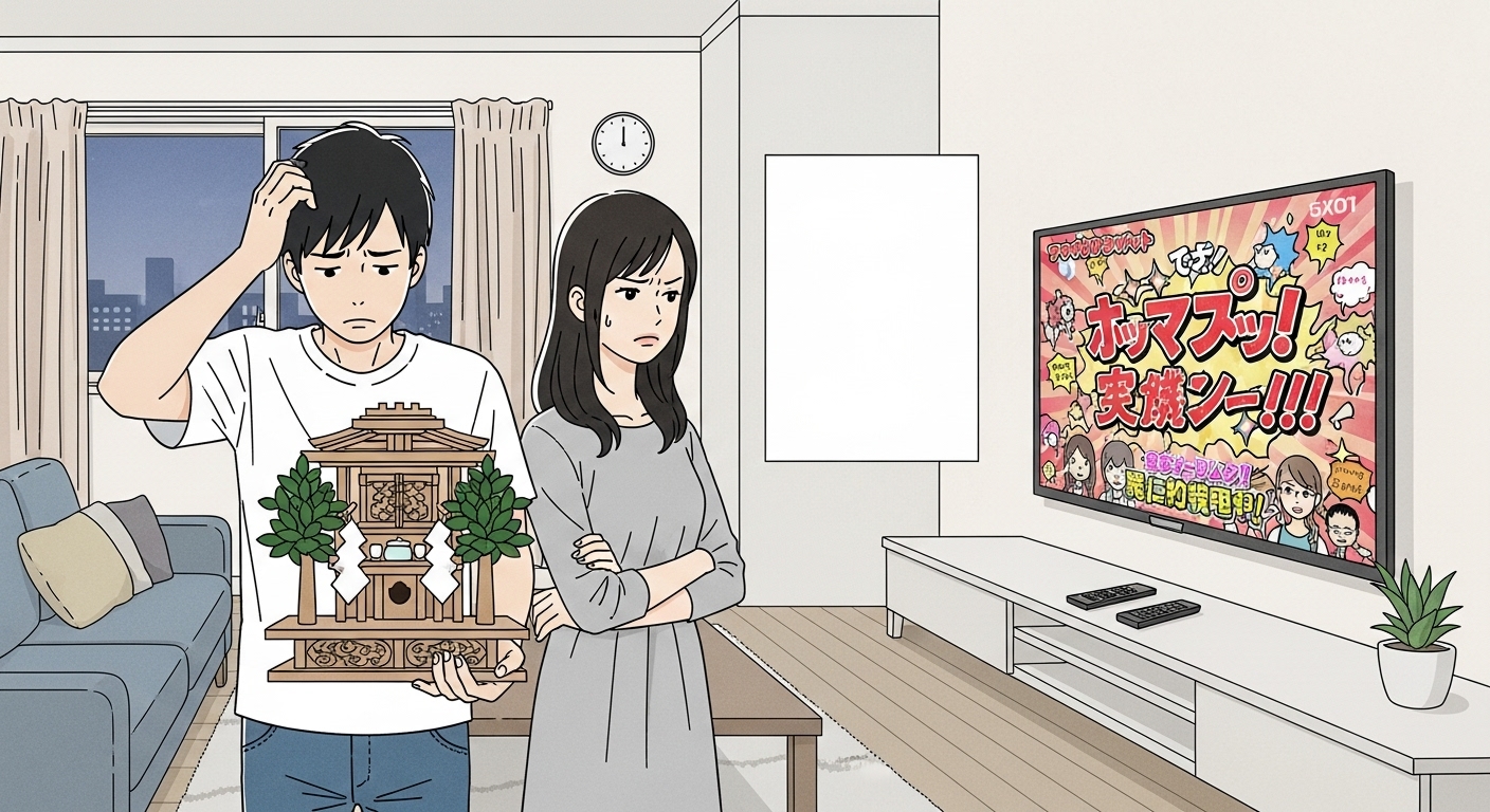 困った表情の若い日本人夫婦が、リビングのテレビ台の横に神棚を置こうか迷っているイラスト。テレビ画面はバラエティ番組のような賑やかなイメージ。どうすれば良いか途方に暮れている雰囲気