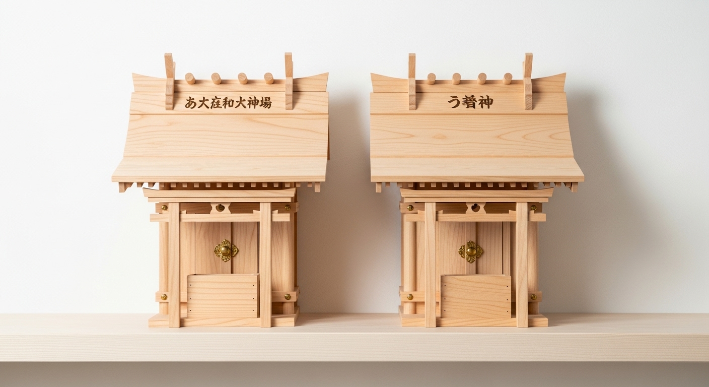 「神棚二つある」場合の正しい並べ方の見本。2つの神棚が同じ高さに並んでいる。