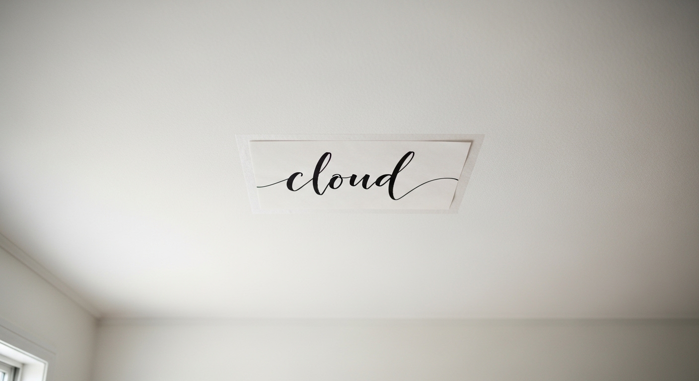 アパートの2階の部屋の天井。清潔な白い天井に、筆で書かれた「雲」という半紙が丁寧に貼られている様子。神様への敬意と、丁寧な暮らしの工夫が感じられる、静かで穏やかな雰囲気