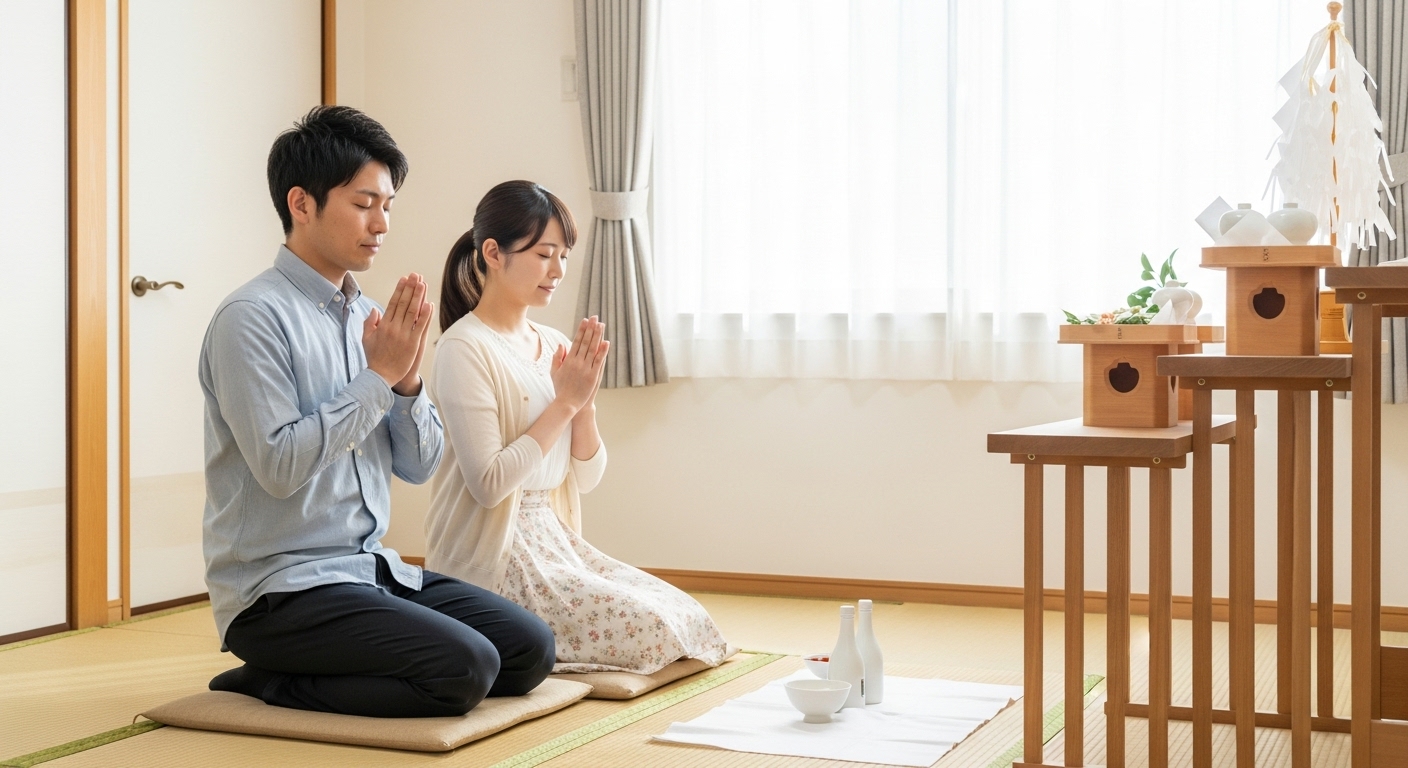 若い日本人の夫婦が、リビングに設置された新しい神棚に手を合わせている。部屋は明るく清潔。二人の表情は穏やかで、これからの生活への希望が感じられる