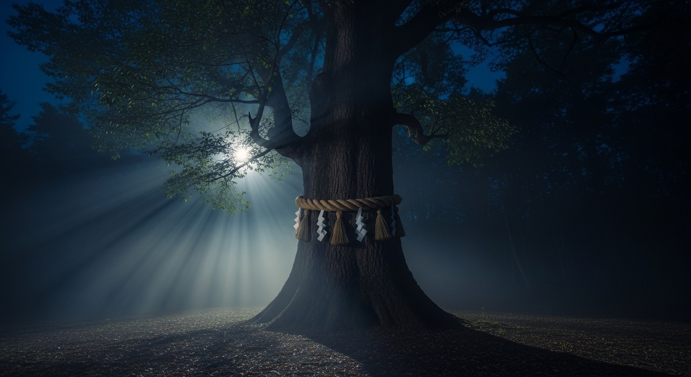 夜の森にひっそりと佇む、注連縄（しめなわ）が張られた一本の巨木。その周囲には淡い霧が立ち込め、隙間から差し込む月光が神秘的かつ畏怖の念を抱かせる光景を創り出している。「祟り」という、目には見えないが存在を感じさせる、古来からの人々の畏敬と恐怖の念を象徴する一枚です。