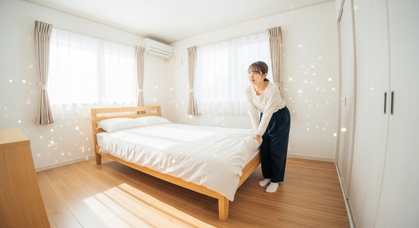 広角から見た、明るく清潔感のあるモダンな寝室。窓から柔らかな自然光が差し込んでいる。ベッドの配置に悩んでいる若い日本人女性が、少し困ったような、でもこれから改善しようと前向きな表情で部屋を見渡している。風水や運気の上昇をイメージさせる、キラキラとした光の粒子が部屋の中に淡く漂っている。全体的にポジティブで希望に満ちた雰囲気