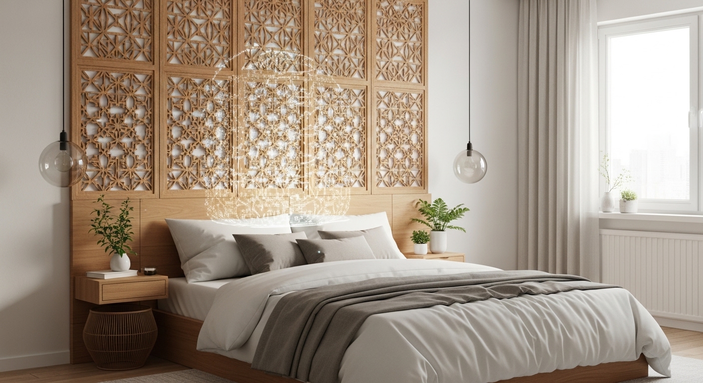 ベッドと壁の間に、おしゃれな木製のパーテーションが置かれている寝室のイラスト。パーテーションが悪い気をブロックしているようなイメージ