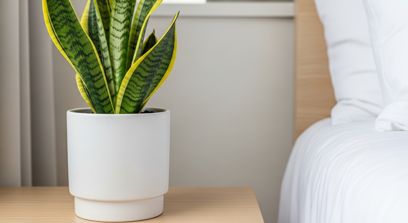 寝室のベッドサイドに置かれた、スタイリッシュな鉢に入ったサンスベリアのクローズアップ写真。背景は少しぼかし、清潔感と癒やしの雰囲気を強調