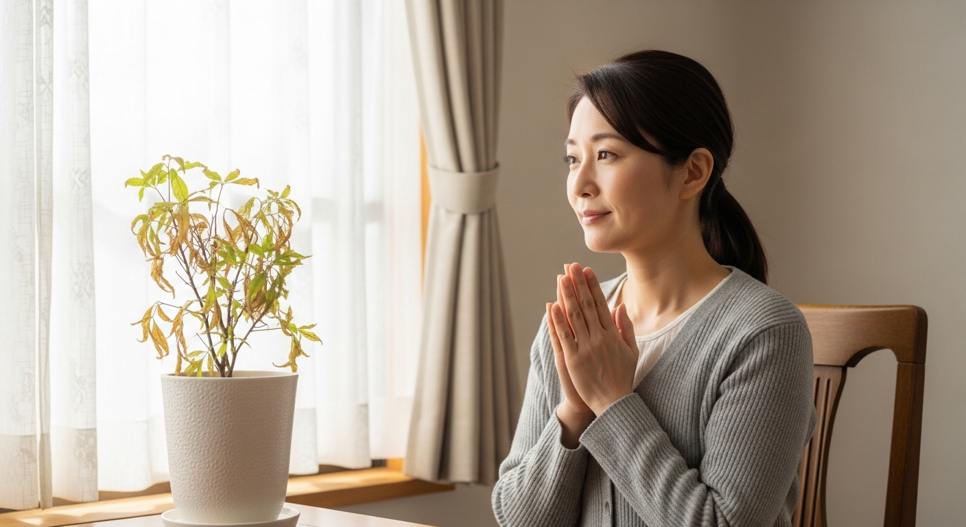 優しく明るい和風のリビング。30代から40代くらいの日本人女性が、窓辺で少し枯れた観葉植物を見つめている。怯えた表情ではなく、むしろ「守ってくれてありがとう」とでも言いたげに両手を合わせ、穏やかな感謝の表情を浮かべている。柔らかな日差しが差し込み、温かくスピリチュアルな雰囲気を醸し出している