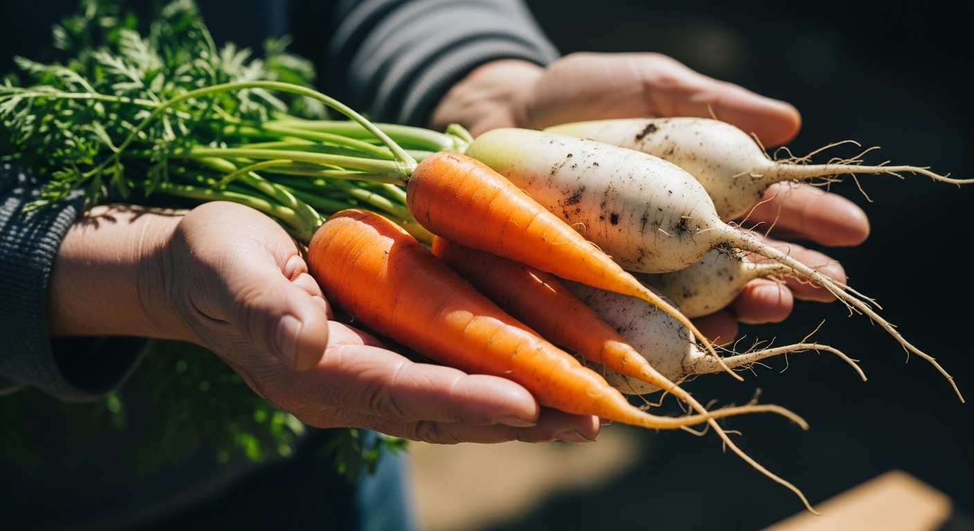 神棚にお供えする新鮮な大根と人参を持つ日本人の手、柔らかな自然光、クローズアップ、高解像度