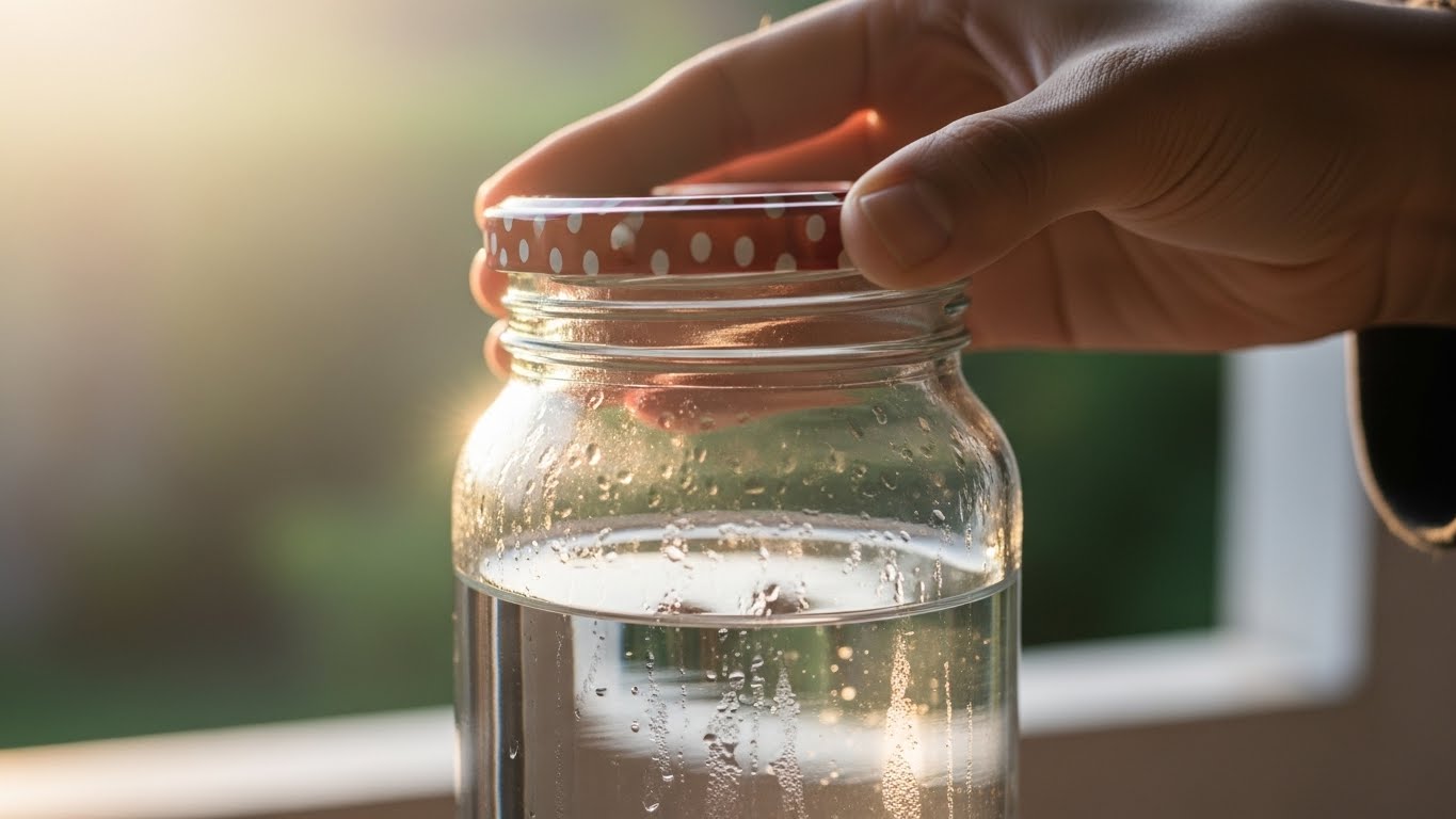 朝の光の中で、新しい水を供えている手元の様子。水玉の蓋を取っている