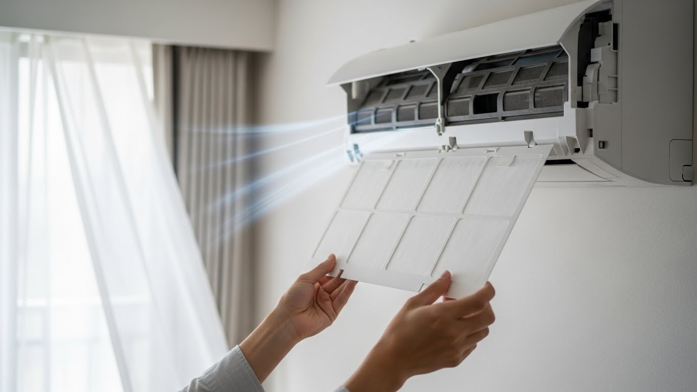 きれいになったフィルターをエアコンに戻し、スッキリとした部屋の様子