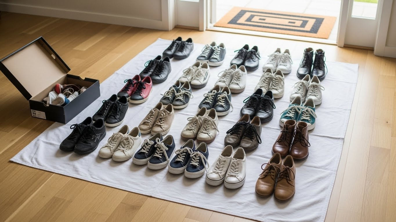 玄関の床にシートを広げ、靴箱の中身を全て出して並べている様子