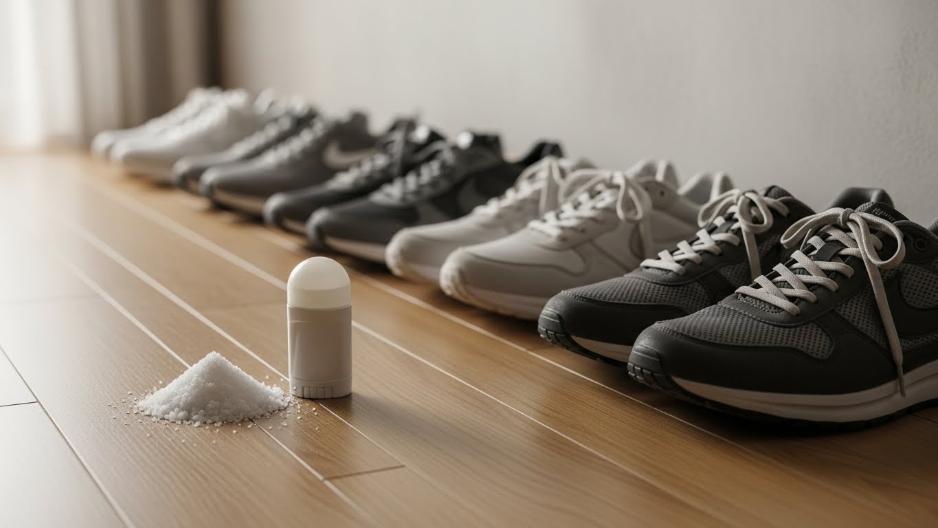 整然と並んだ靴と、隅に置かれた小さな盛り塩や消臭剤のイメージ