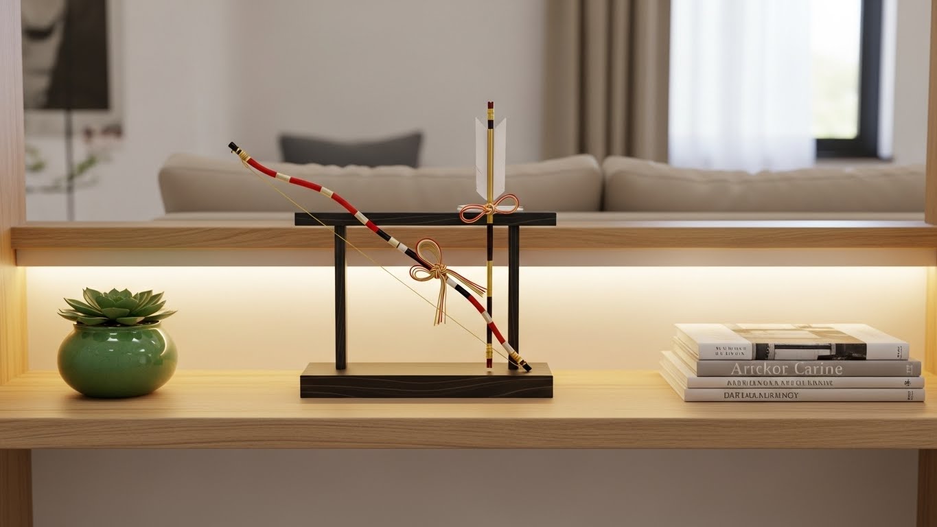 リビングの棚の上、専用の台または工夫して破魔矢を立てて飾っている様子