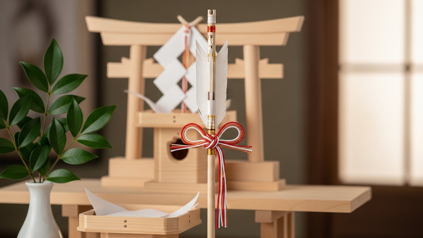 神棚の横に、スッと背筋を伸ばすように立てかけられた破魔矢のアップ