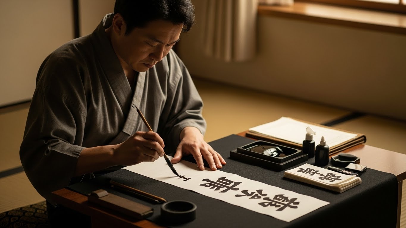 写経用紙に向かい、一文字ずつ丁寧に書いている手元