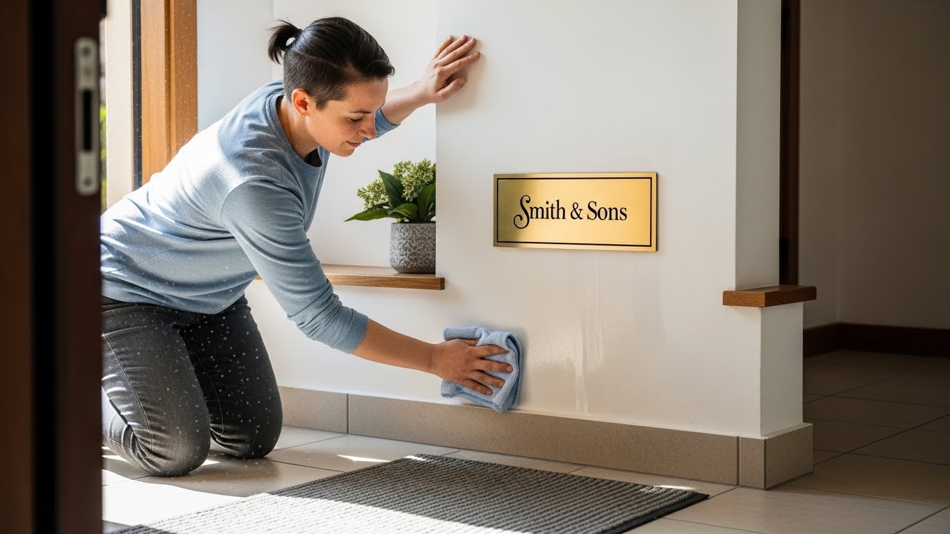 玄関の壁を拭き掃除し、表札周りを整えている様子