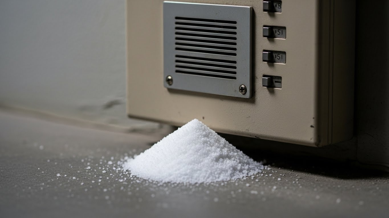 インターホンの下の足元に、目立たないように小さな盛り塩が置かれているイメージ