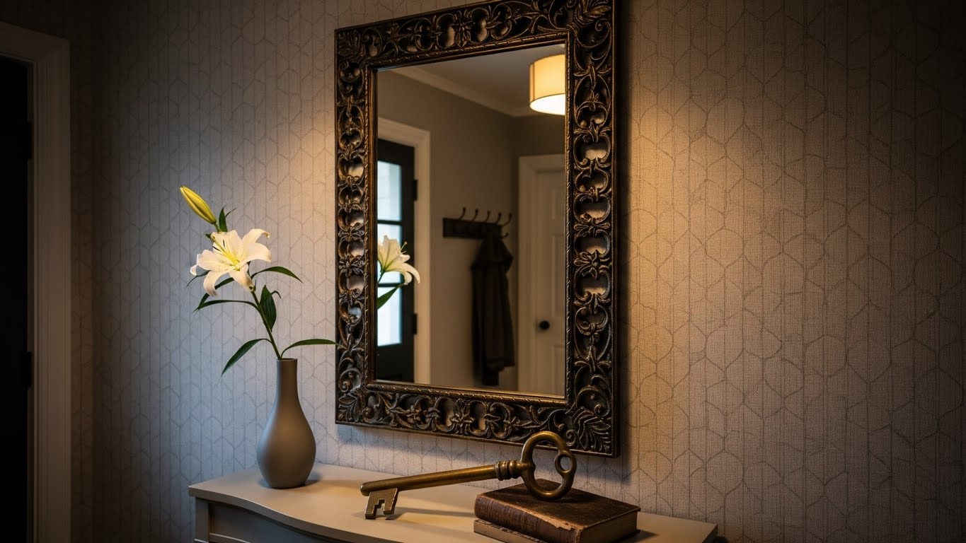 玄関に入って横の壁（右または左）におしゃれな鏡が飾られているイメージ