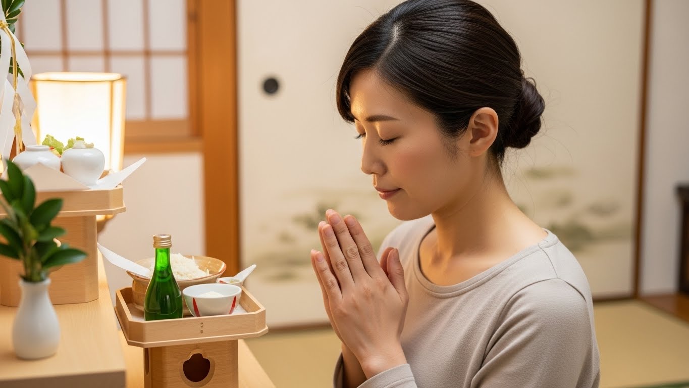 Japanese, 30代の日本人女性が自宅の神棚の前で手を合わせて真剣に祈っている様子