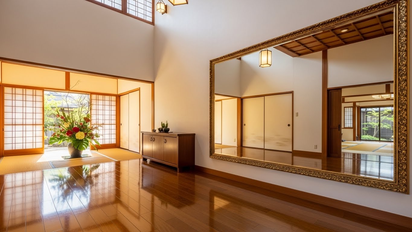 ピカピカに磨かれた鏡に、明るい玄関が映り込んでいる様子