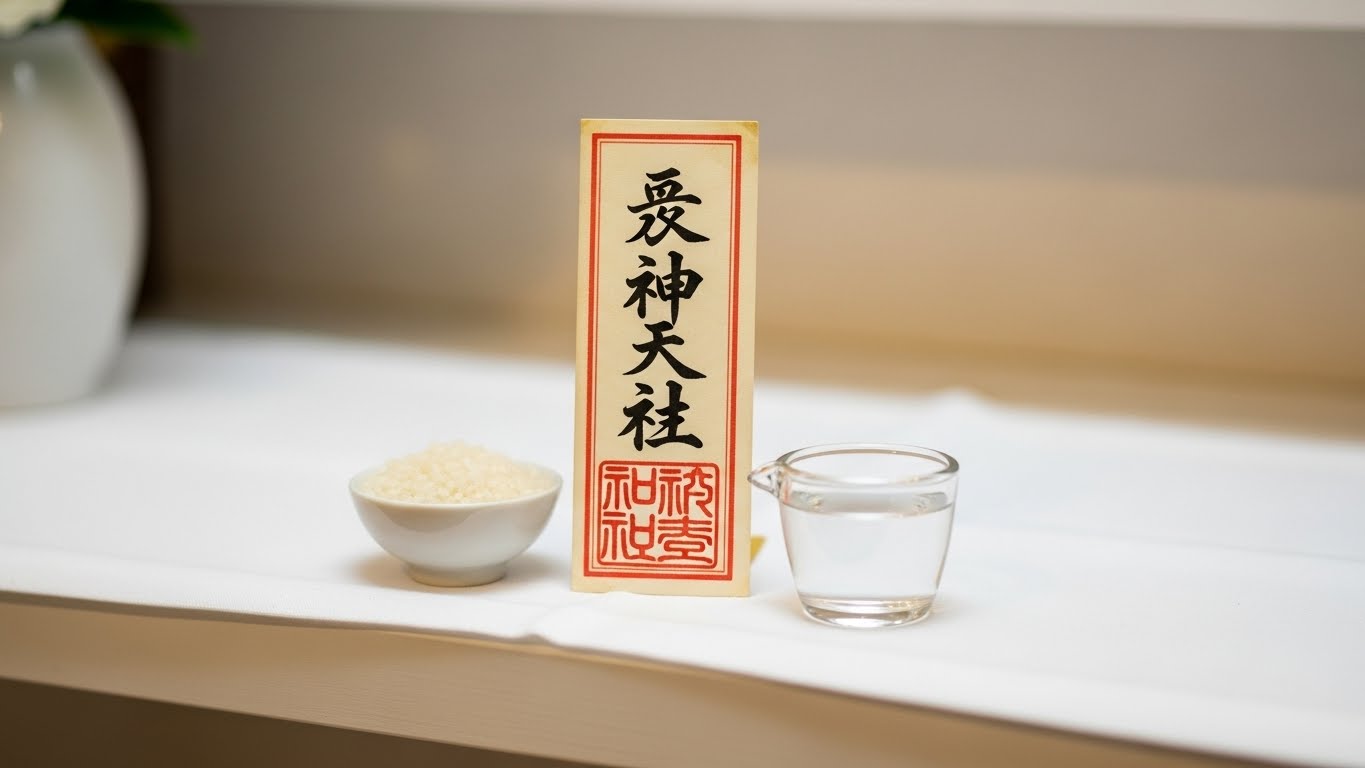 白い布を敷いた棚の上、お札の手前に小さなお水とお米が供えられている丁寧な暮らしのイメージ