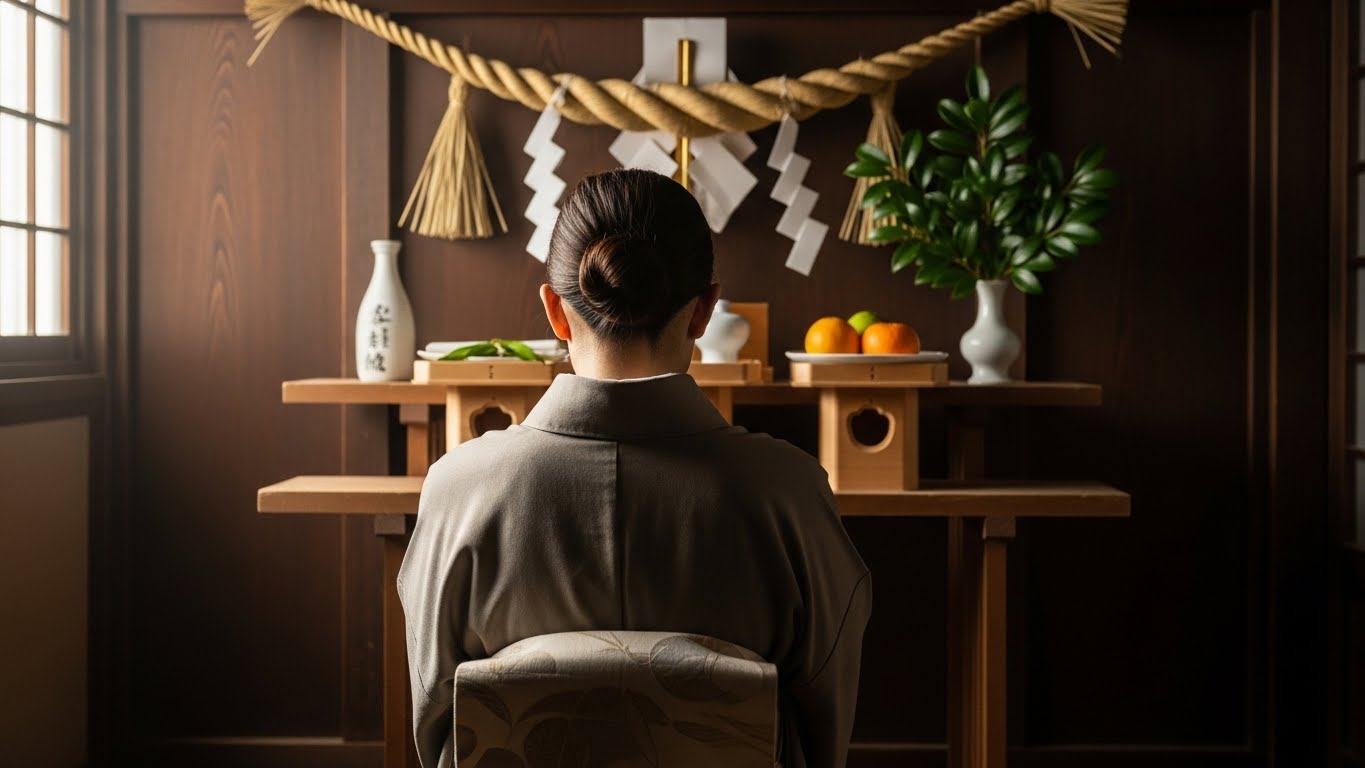 朝の光の中で、簡易神棚に向かって手を合わせている落ち着いた女性の背中