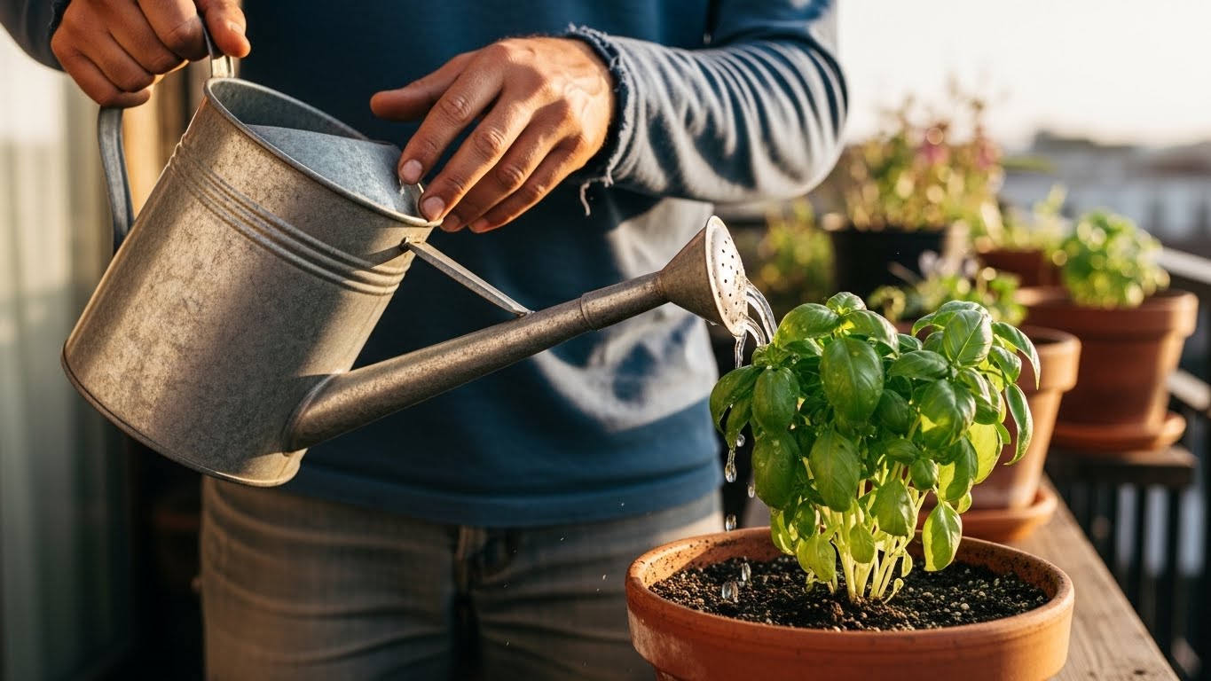土の表面が乾いているのを確認してから、ジョウロでたっぷり水をあげている手元