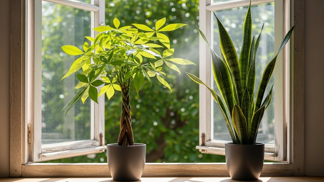 窓際で風に揺れるパキラやサンスベリアの爽やかなイメージ