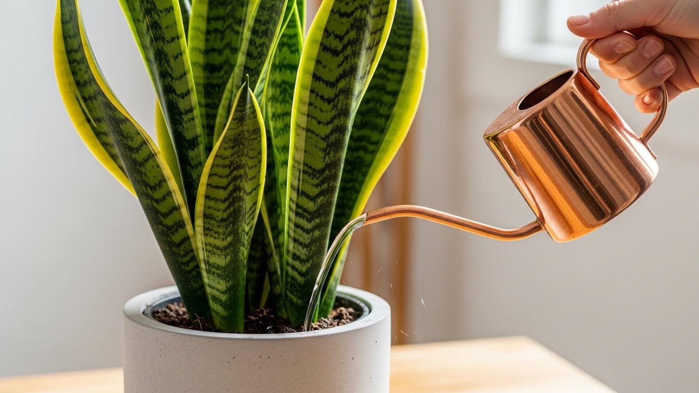 おしゃれな鉢に入ったサンスベリアに水をあげている手元のアップ