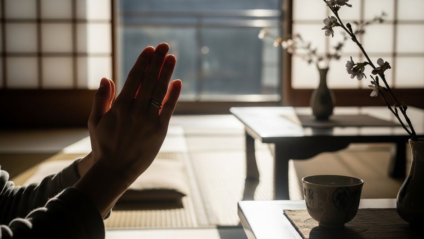 朝の光の中で手を合わせる様子