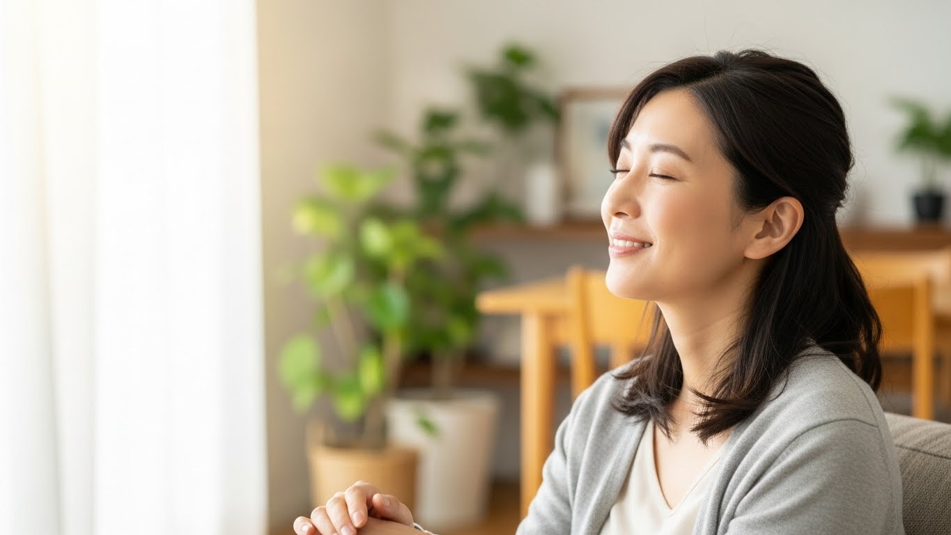 柏手のあと、ふっと肩の力が抜けて微笑む女性