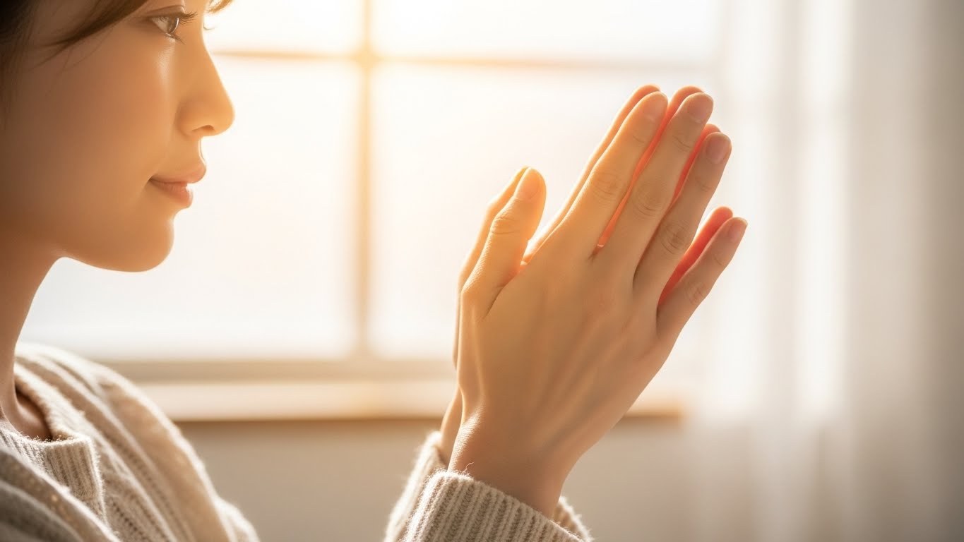 柏手のあと、温かくなった手のひらを静かに見つめる女性