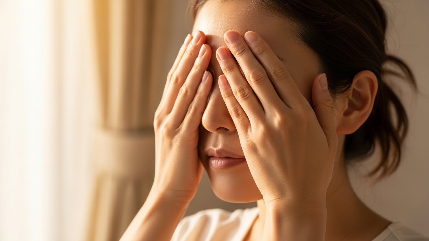 温まった手のひらを目元に当ててリラックスする様子