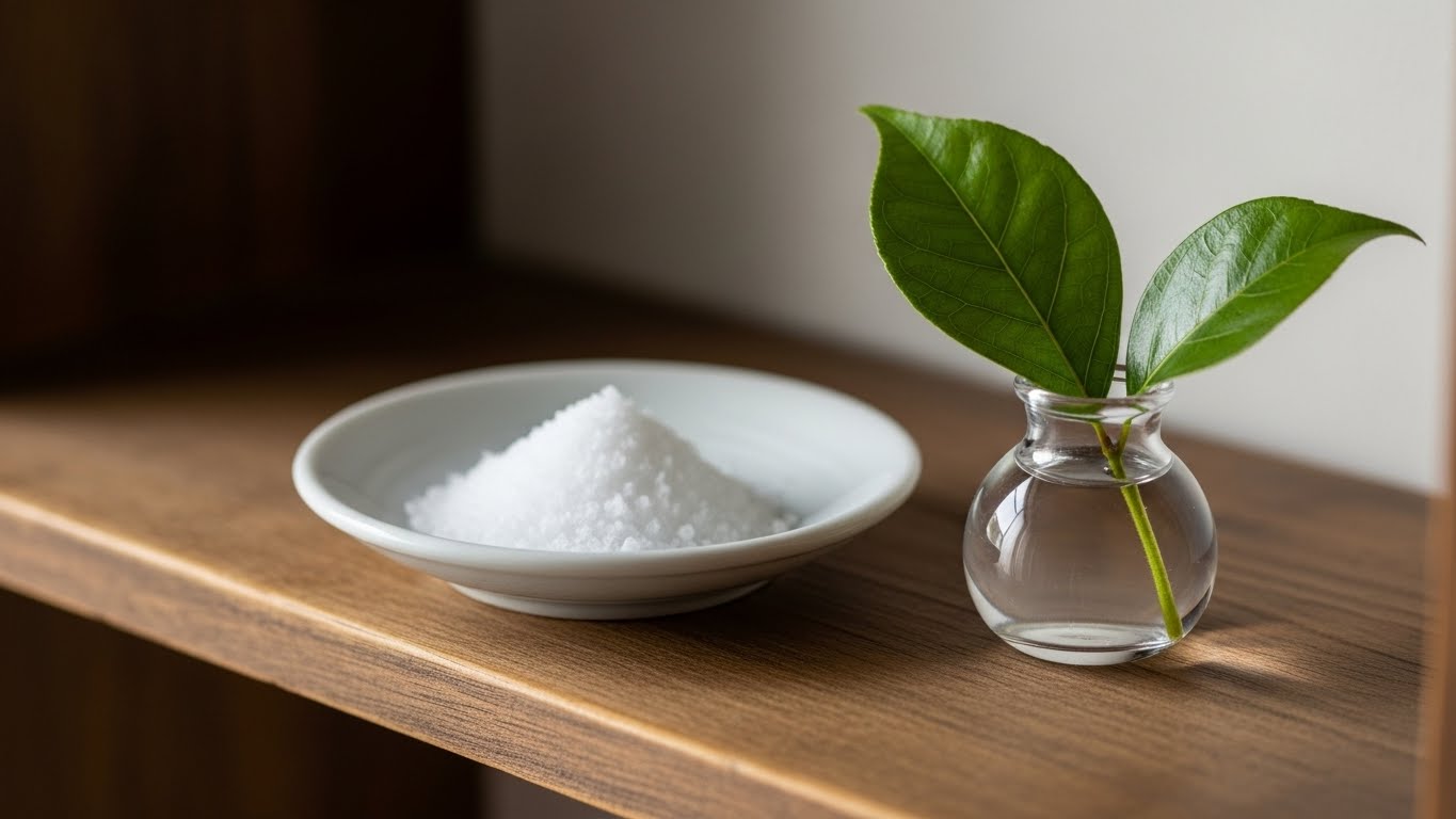 玄関に整えられた榊と浄化塩