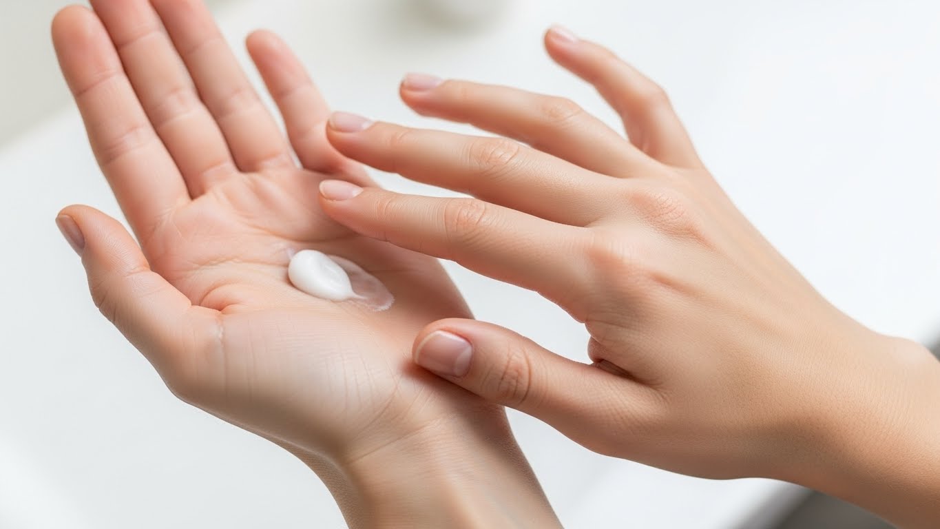 手のケアをしてリラックスする様子