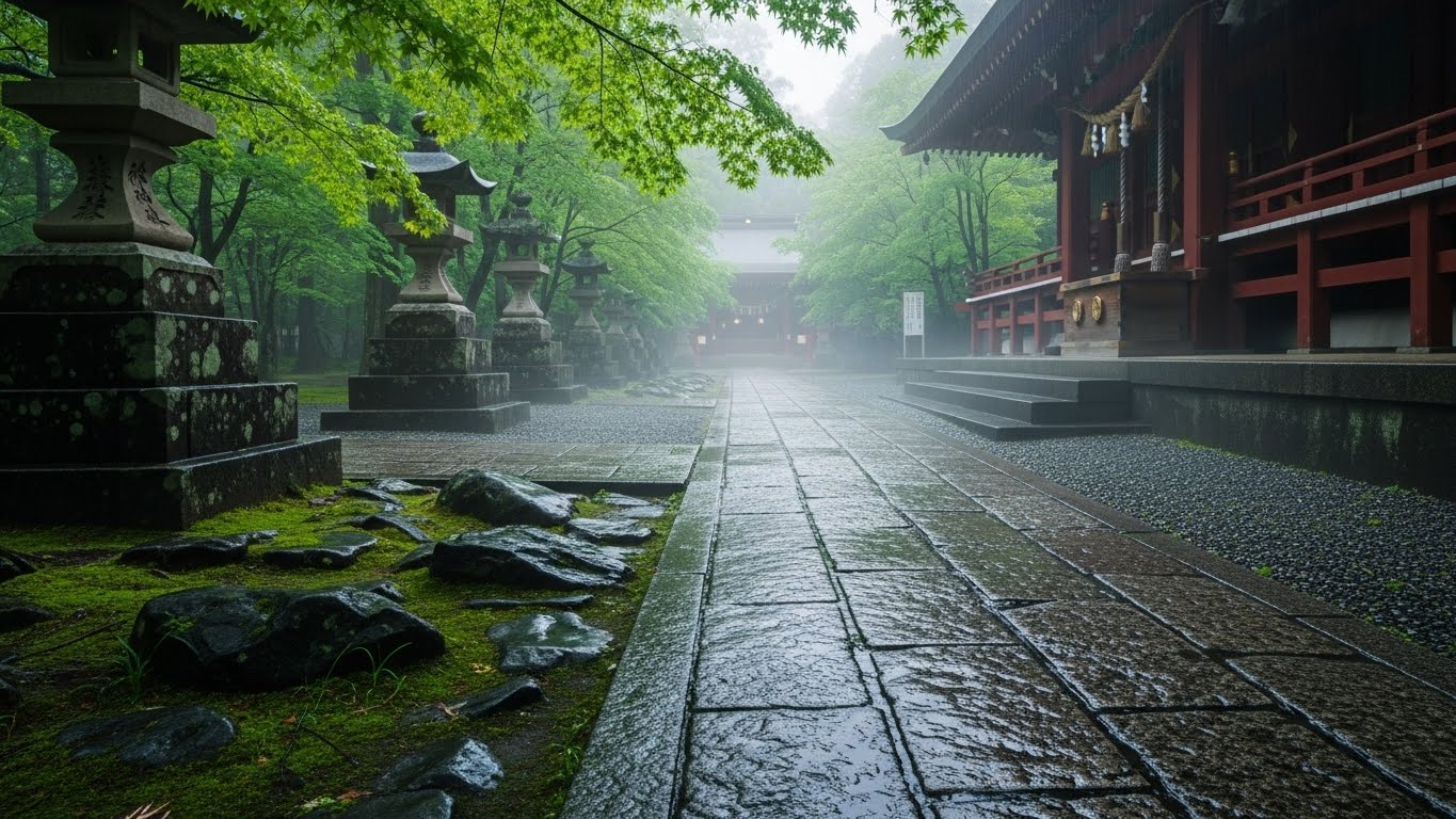 湿度が高い日の神社の風景