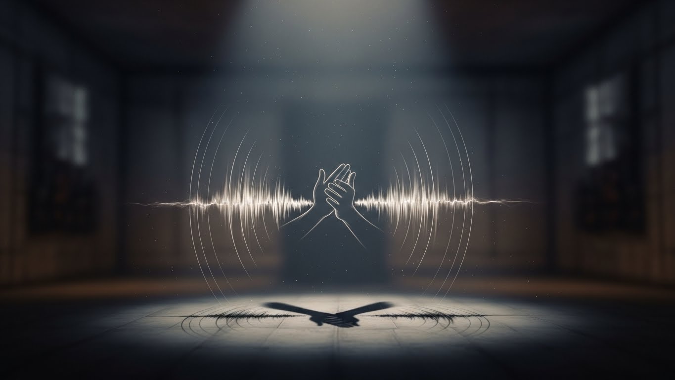 薄暗い部屋で淀んだ空気が漂っているイメージと、柏手の音波がそれに阻まれて消えてしまうような抽象的な図