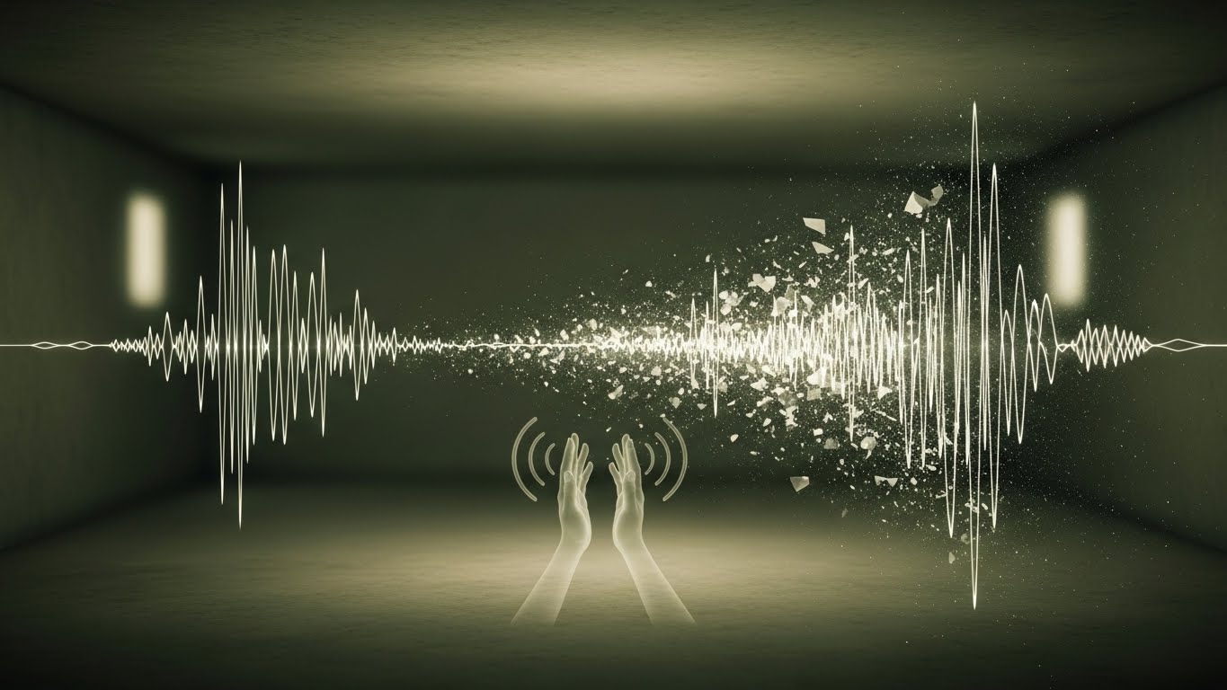 薄暗い部屋で淀んだ空気が漂っているイメージと、柏手の音波がそれに阻まれて消えてしまうような抽象的な図