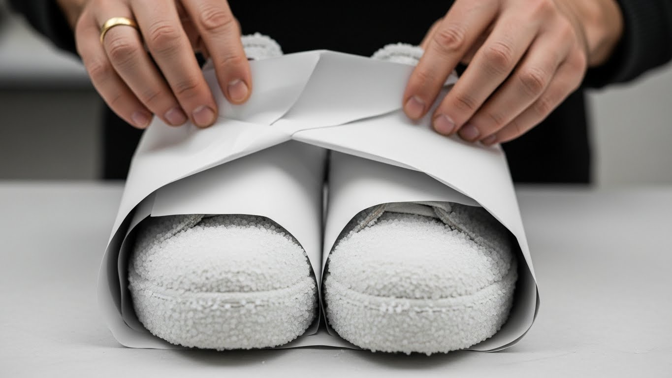 塩を振った靴を、白い紙で包もうとしているシーン