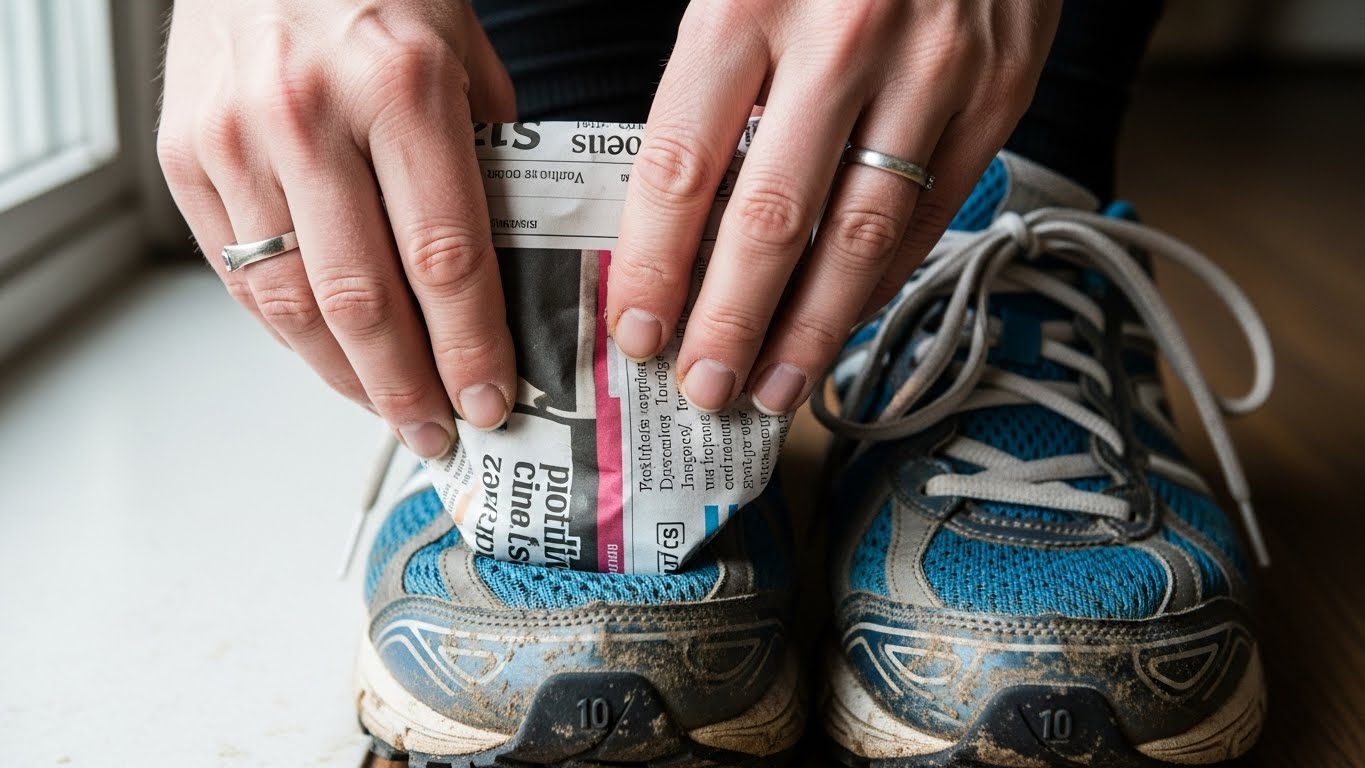 新聞紙を丸めて靴の中に詰めている、丁寧な手元のイメージ