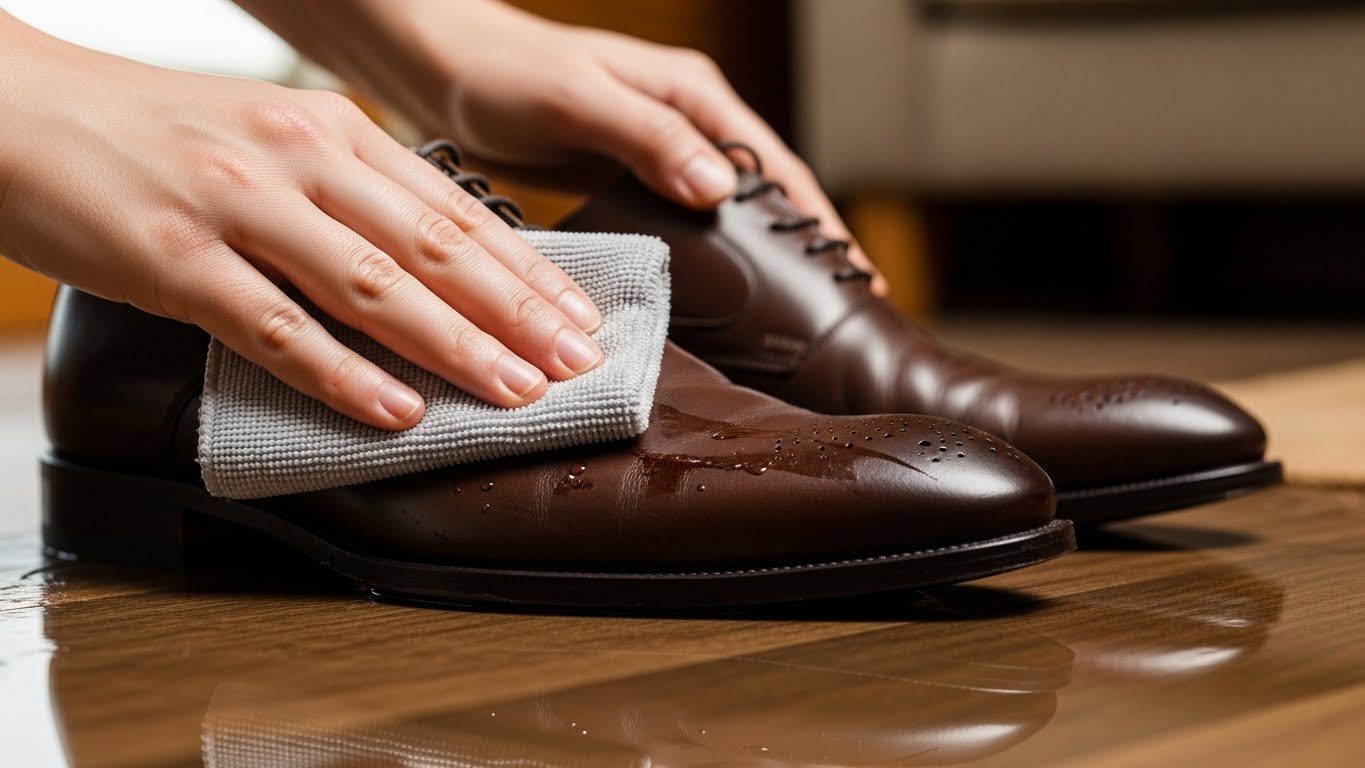 吸水性の高いクロスで、濡れた革靴を優しく拭いているシーン