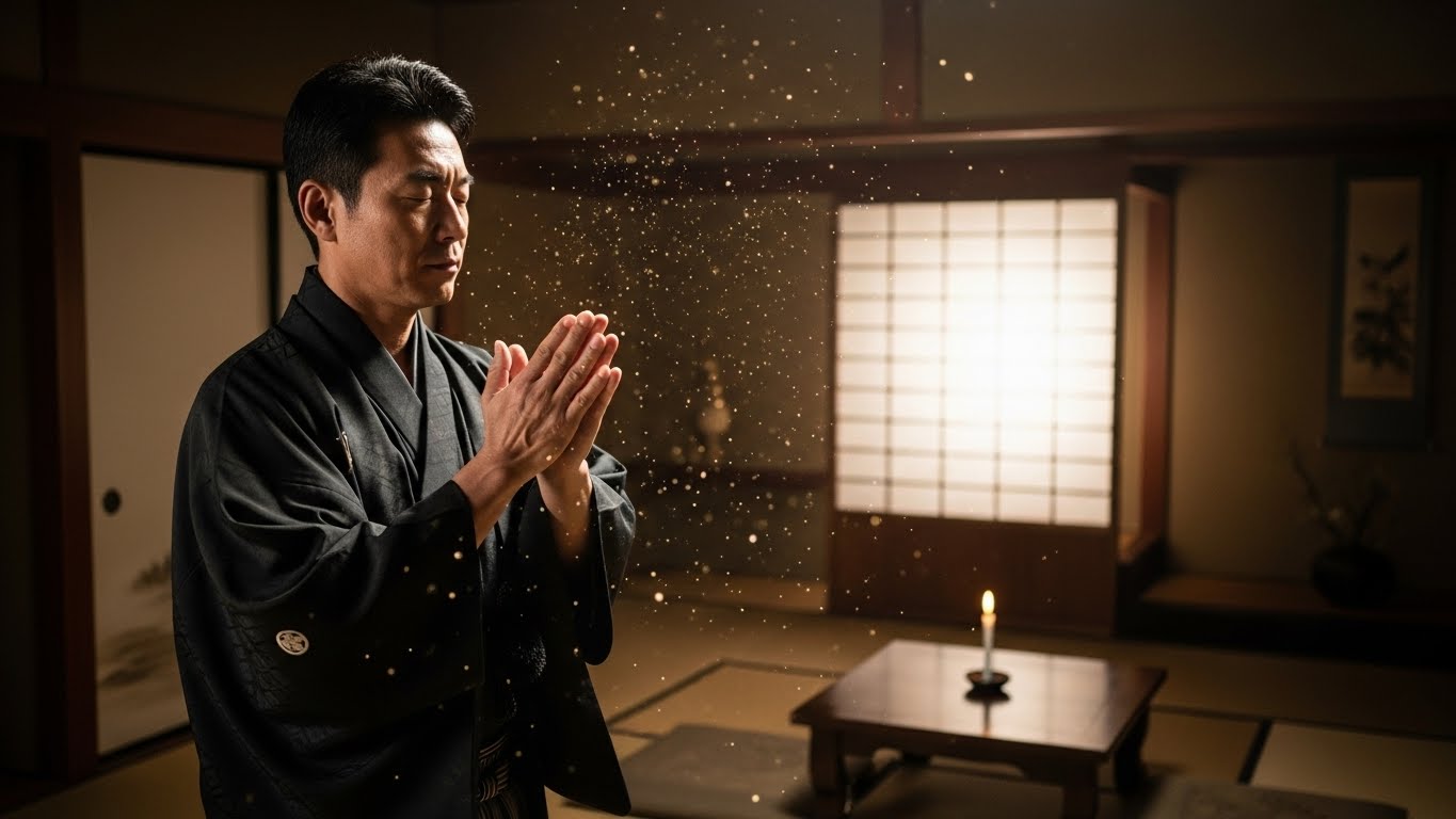 静かな和室で目を閉じて柏手を打つ50代男性