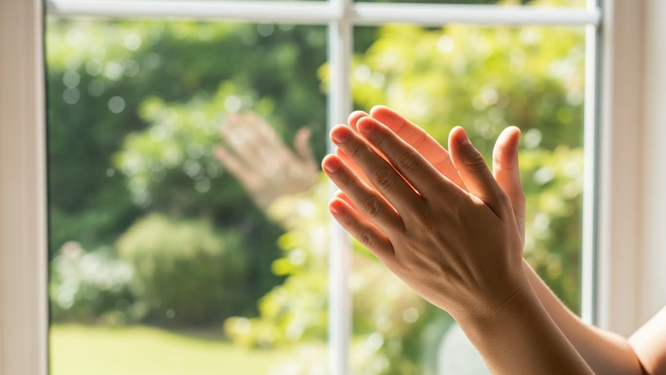 窓際で柏手を打つ手元